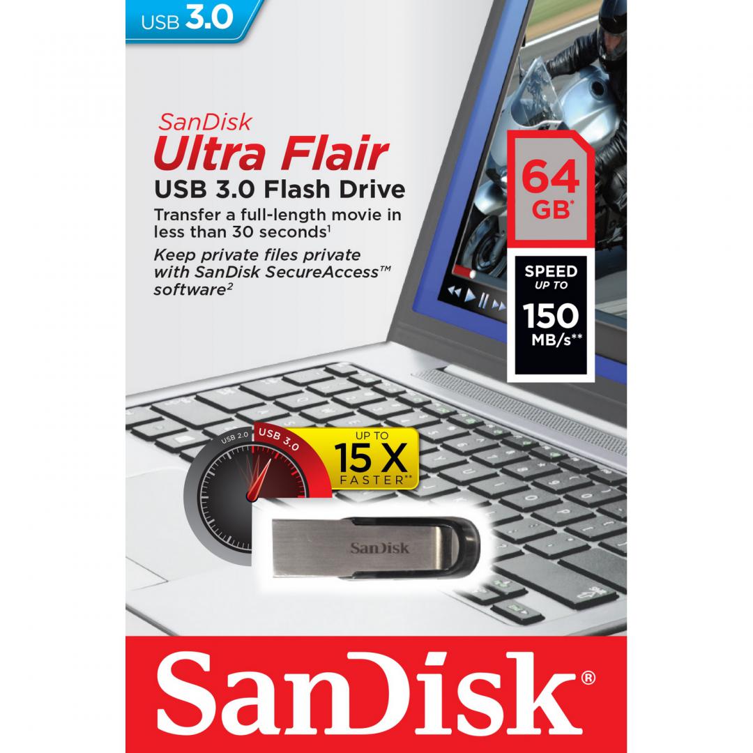 Memorie USB SanDisk Ultra Flair 64 GB, USB 3.0, Negru - Image 3