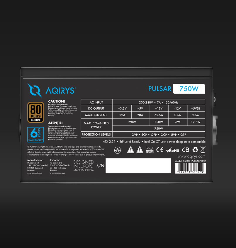 Sursa Aqirys Pulsar, 80+ White, RGB, 750W - Image 7